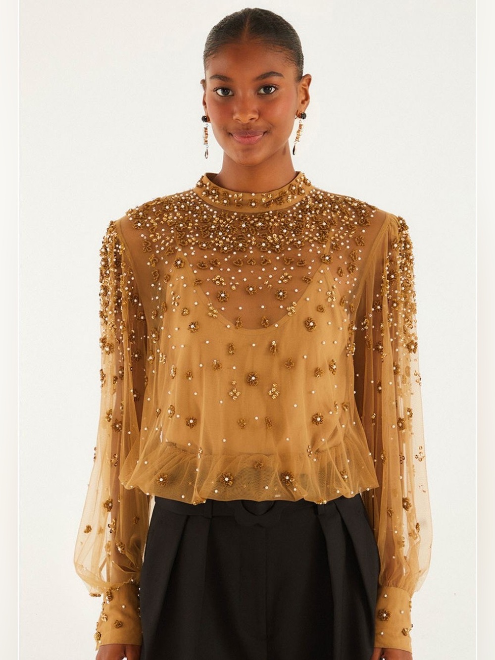 Farm Rio Embroidered Tulle Bubble Caramel Blouse